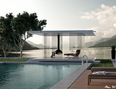 Exklusives Poolhaus: stützenfreier Glas-Pavillon GM PAVILLON360 inklusive offenem Design-Kamin