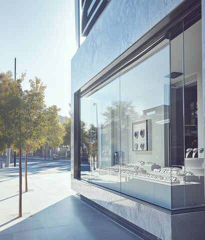 Schusssicheres Glas als Schaufenster bei einem Uhrengeschäft.