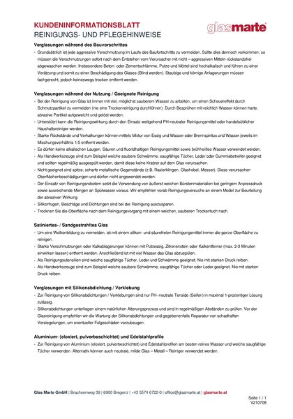 Informationsblatt: Glas Marte Reinigungs- und Pflegehinweise