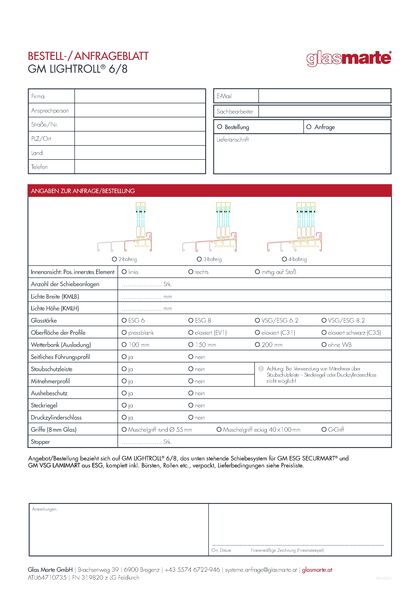 Anfrage- und Bestellformular: Schiebesystem GM LIGHTROLL® 6/8