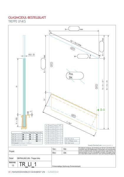 Bestellformular Glasgeländer-System GM RAILING® UNI Treppe links