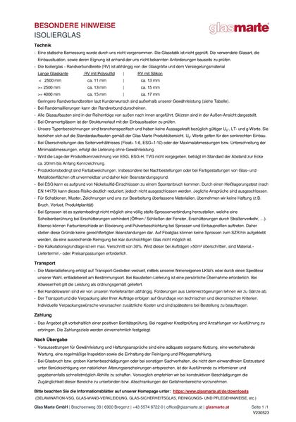 Informationsblatt: Glas Marte besondere Hinweise für Isolierglas