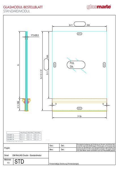 Bestellformular Glasgeländer-System GM RAILING® DOUBLE Standardmodul