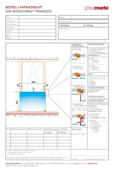 Anfrage- und Bestellformular für rahmenloses Glas Marte Glasgeländer-System für Französische Fenster