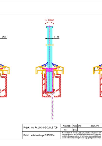 Detailzeichnung Glasgeländer-System GM RAILING® DOUBLE TOP Profilquerschnitt & Abweiser