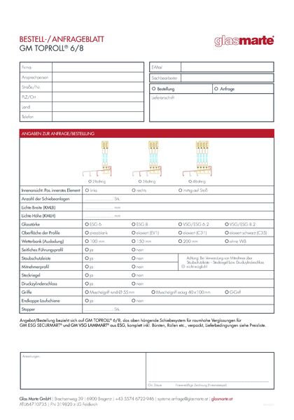 Anfrage- und Bestellformular: Schiebesystem GM TOPROLL® 6/8