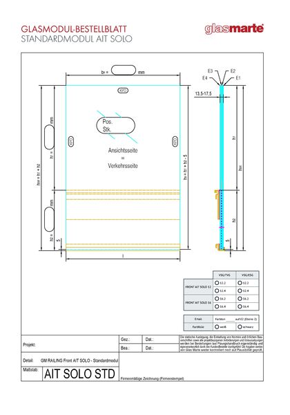 Bestellformular: Glasgeländer-System GM RAILING® FRONT AIT SOLO Standardmodul