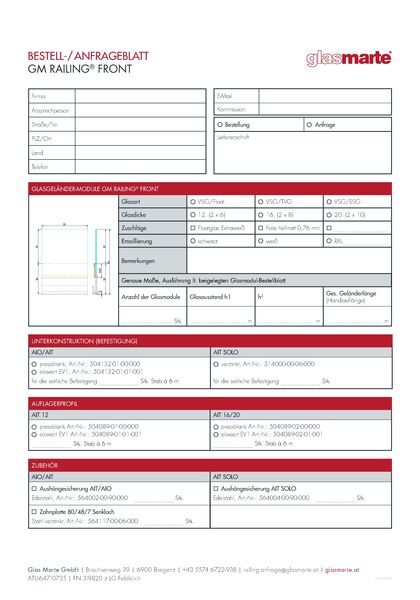 Bestellformular Glasgeländer-System GM RAILING® FRONT