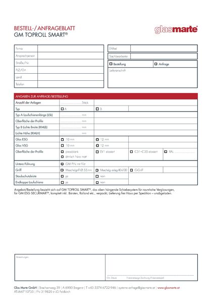 Anfrage- und Bestellformular: Schiebesystem GM TOPROLL® SMART