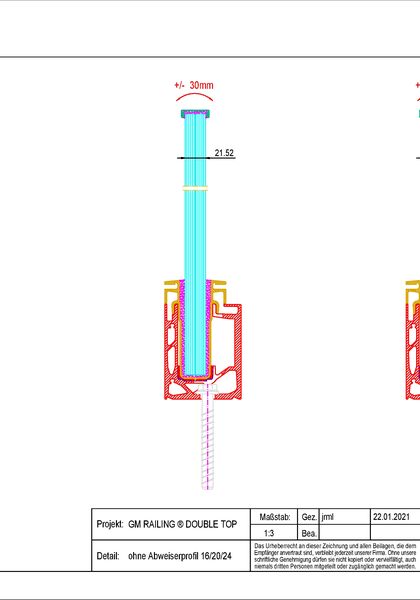 Detailzeichnung Glasgeländer-System GM RAILING® DOUBLE TOP Profilquerschnitt