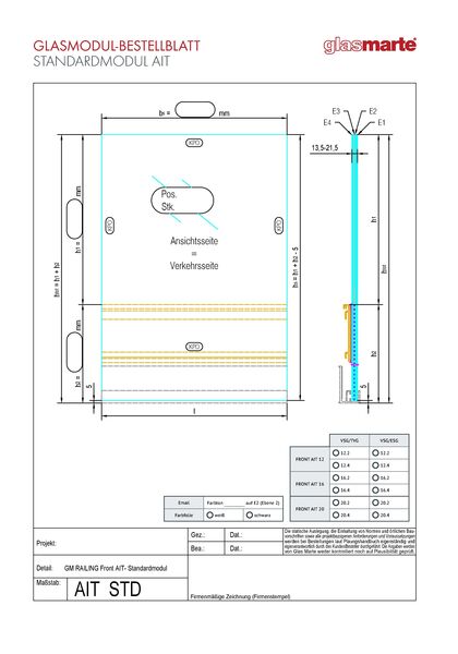 Bestellformular: Glasgeländer-System GM RAILING® FRONT AIT Standardmodul