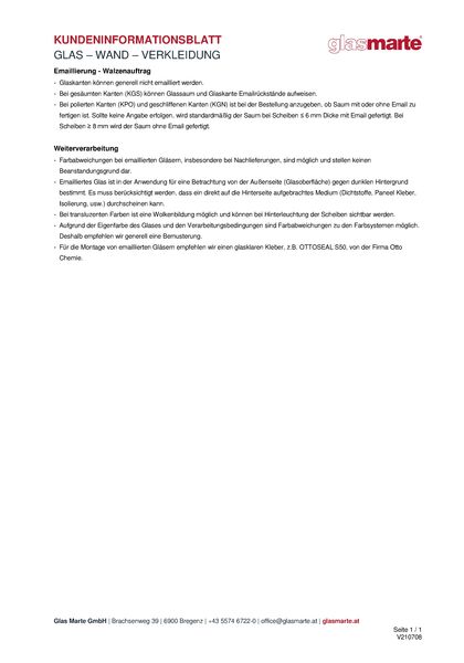 Informationsblatt: Glas Marte Hinweise zur Wandverkleidung mit Glas