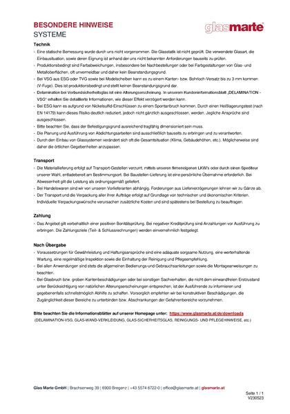 Informationsblatt: Glas Marte besondere Hinweise für Schiebe- und Haltesysteme